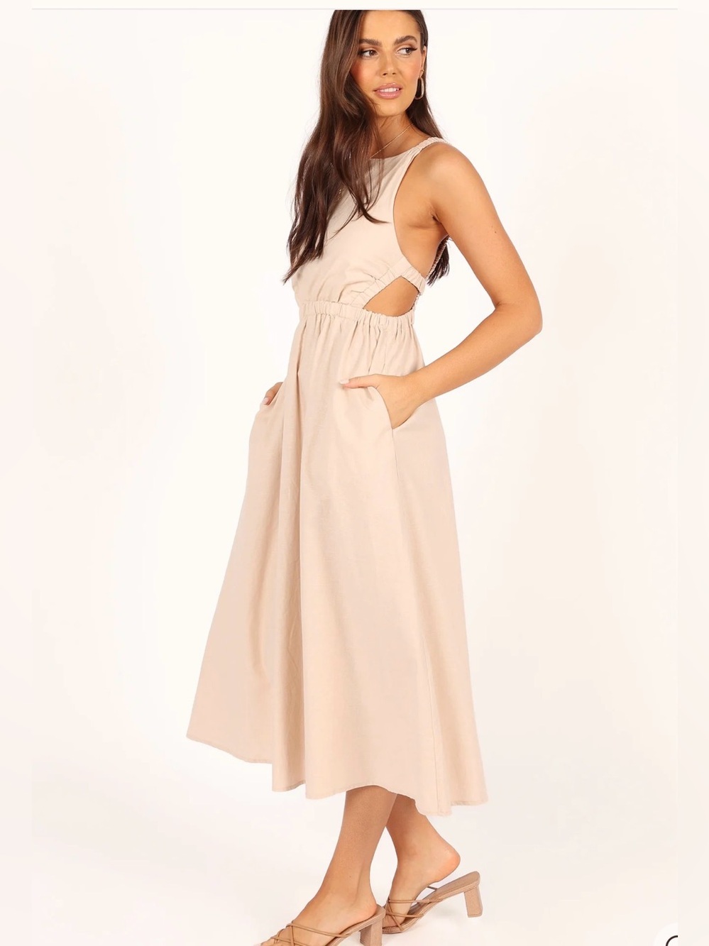 Petal & Pup Beige Linen-Blend Aubrey Cutout Pocket Midi Dress Size 8 boho - Picture 1 of 8